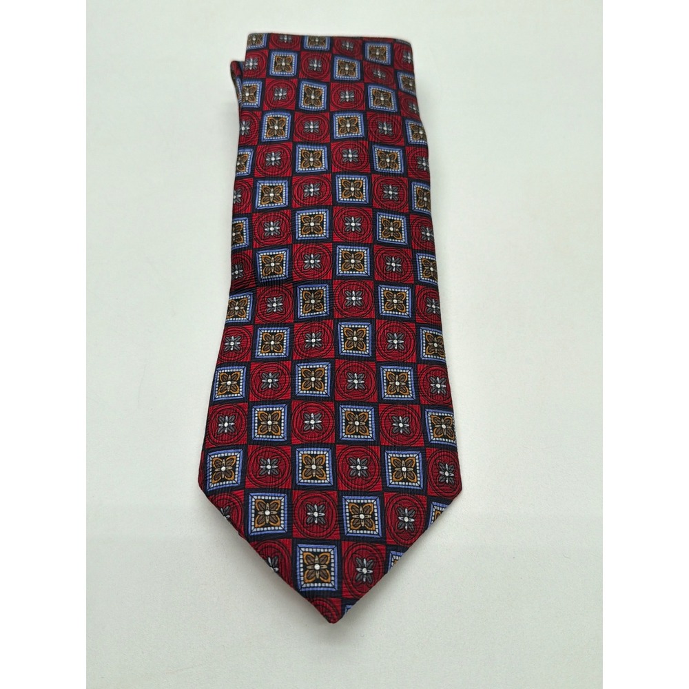 JZ Richards Mens Red Blue Silk Geometric Medallion Hand Made USA Necktie 8255